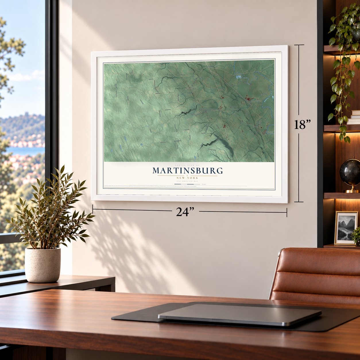 Martinsburg, New York map, 18 x 24 inch print in a white frame in a home office