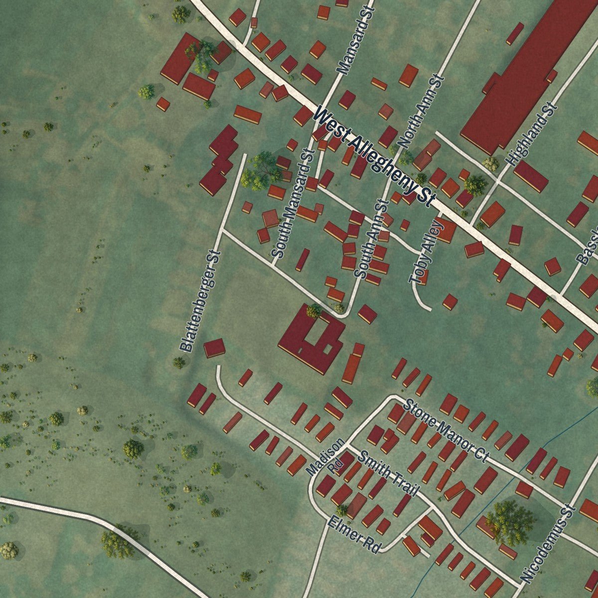 Second close-up of the map of Martinsburg, Pennsylvania print showing more streets and buildings