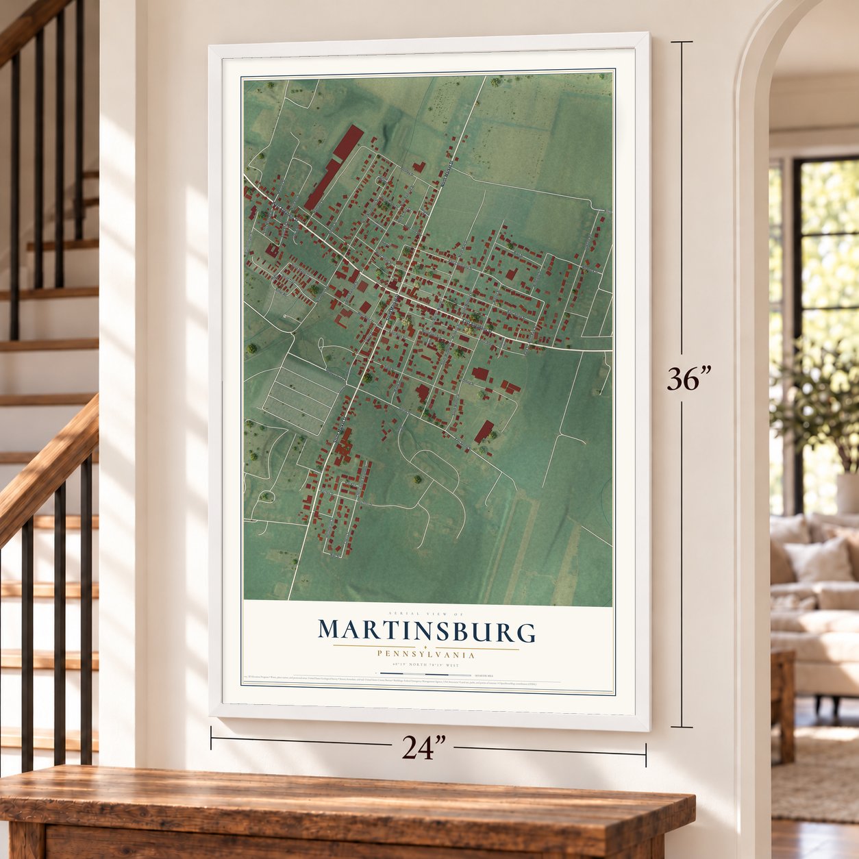 Martinsburg, Pennsylvania map, 24 x 36 inch print in a white frame by a staircase