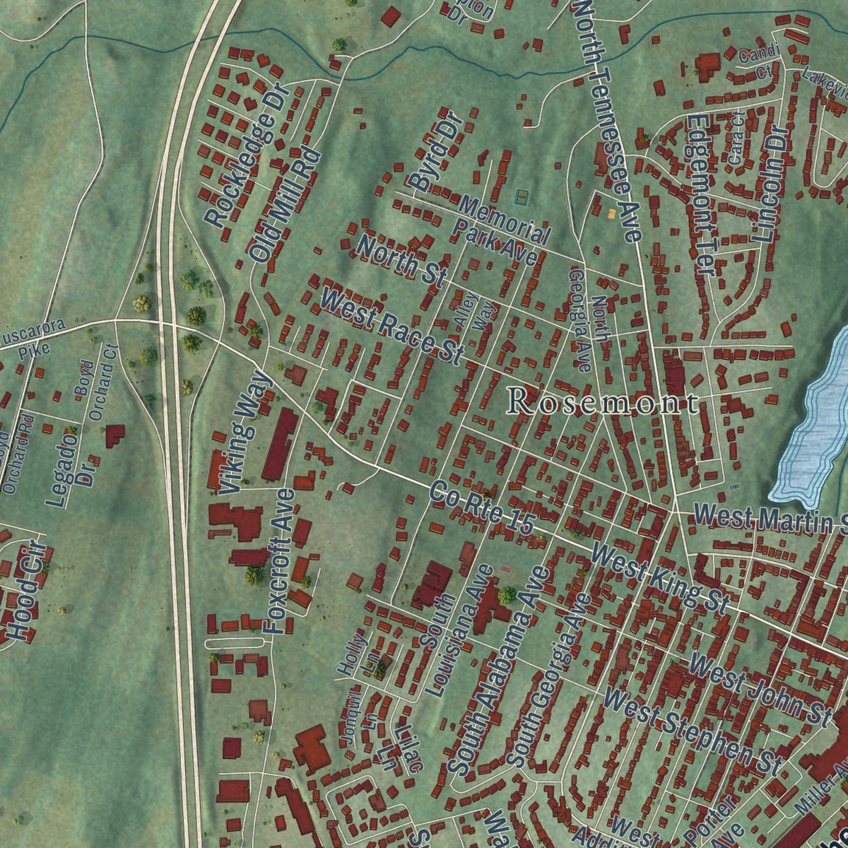 Second close-up of the map of Martinsburg, West Virginia print showing more streets and buildings