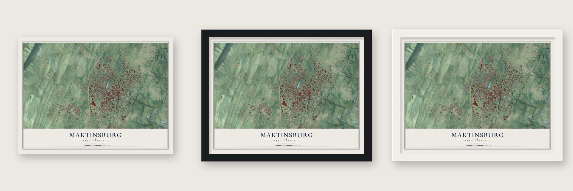Martinsburg, West Virginia map unframed, in a black wood frame and in a white wood frame