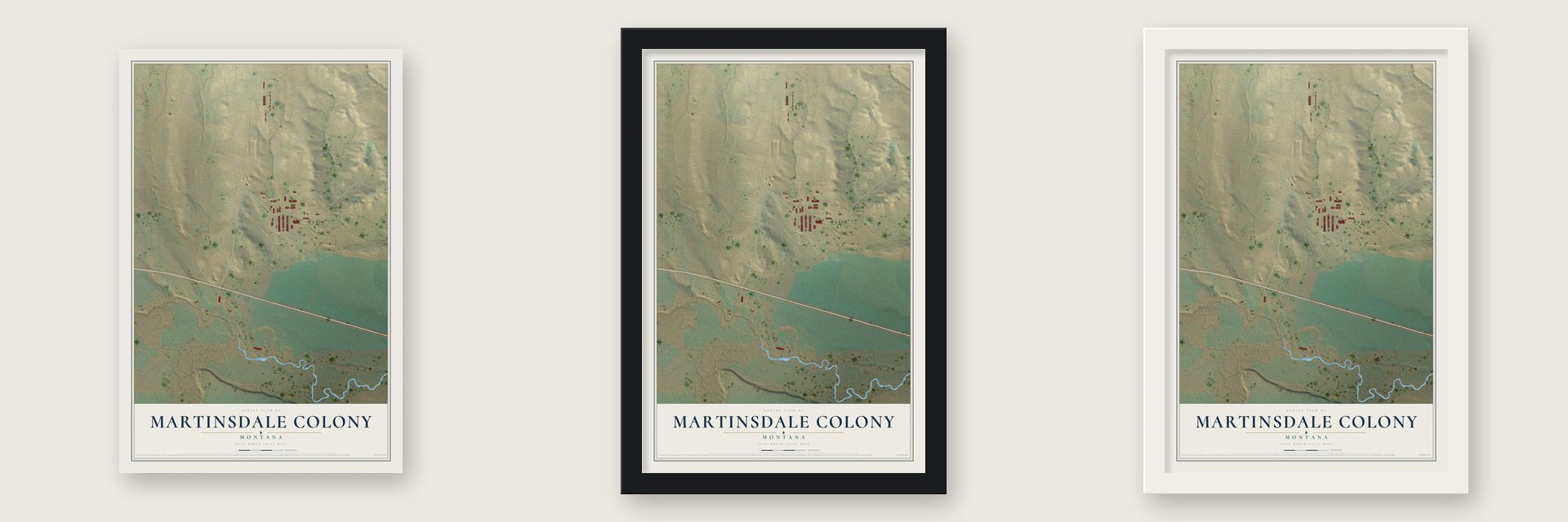 Martinsdale Colony, Montana map unframed, in a black wood frame and in a white wood frame