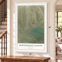 Martinsdale Colony, Montana map, 24 x 36 inch print in a white frame by a staircase
