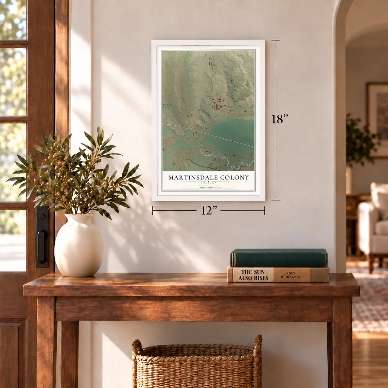 Martinsdale Colony, Montana map, 12 x 18 inch print in a white frame in an entryway