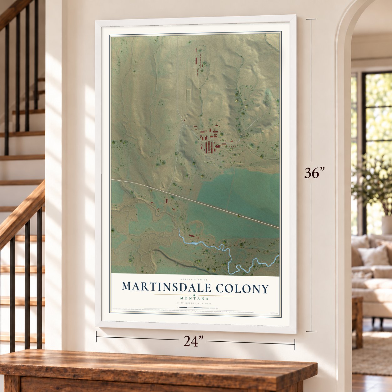 Martinsdale Colony, Montana map, 24 x 36 inch print in a white frame by a staircase