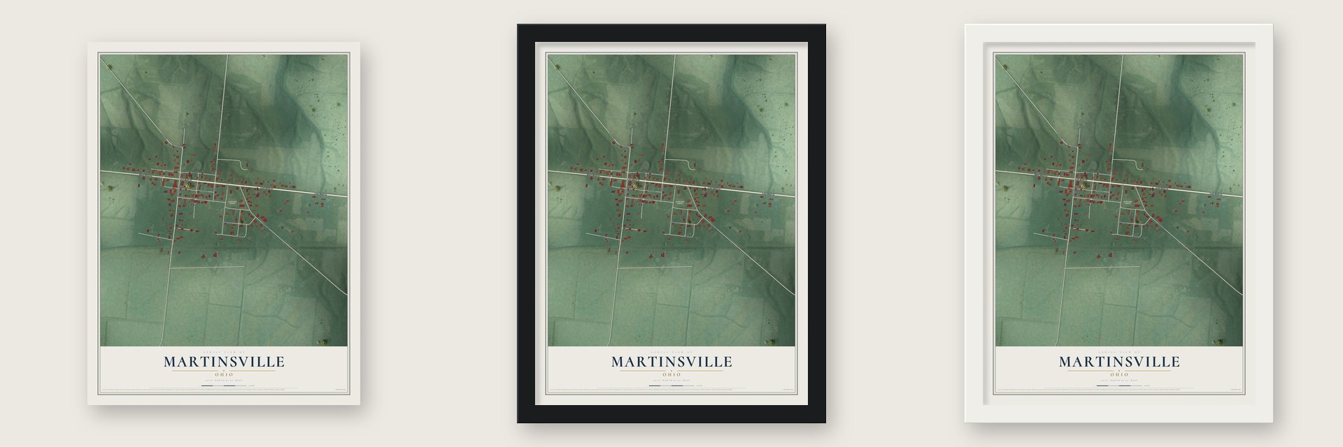 Martinsville, Ohio map unframed, in a black wood frame and in a white wood frame