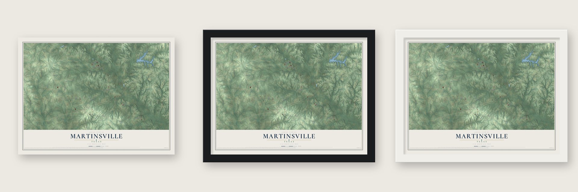 Martinsville, Texas map unframed, in a black wood frame and in a white wood frame