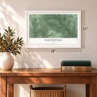 Martinsville, Texas map, 12 x 18 inch print in a white frame in an entryway