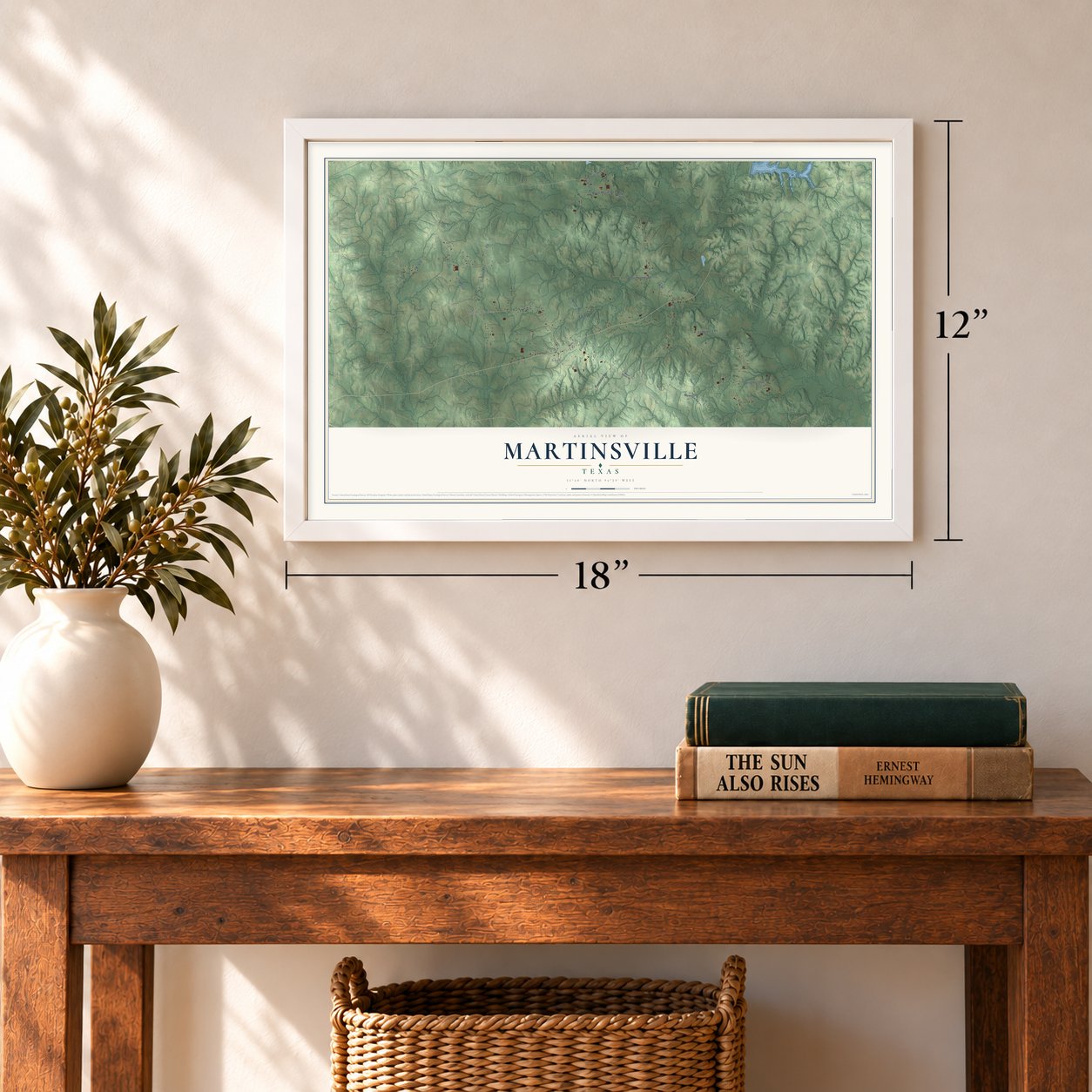 Martinsville, Texas map, 12 x 18 inch print in a white frame in an entryway