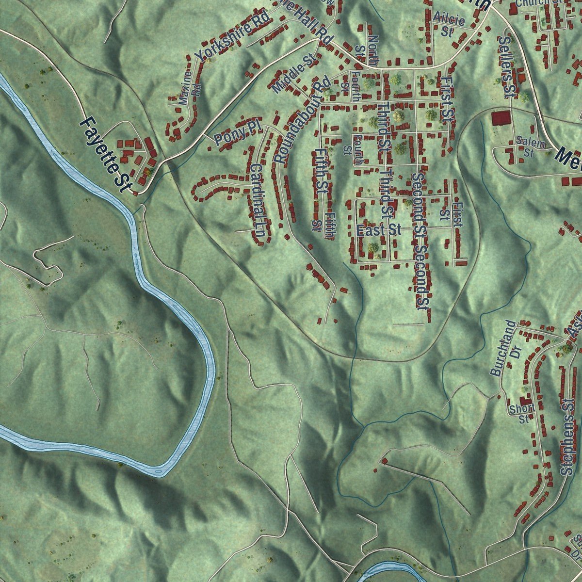 Second close-up of the map of Martinsville, Virginia print showing more streets and buildings