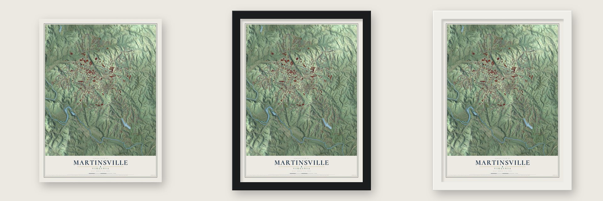 Martinsville, Virginia map unframed, in a black wood frame and in a white wood frame
