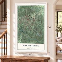 Martinsville, Virginia map, 24 x 36 inch print in a white frame by a staircase