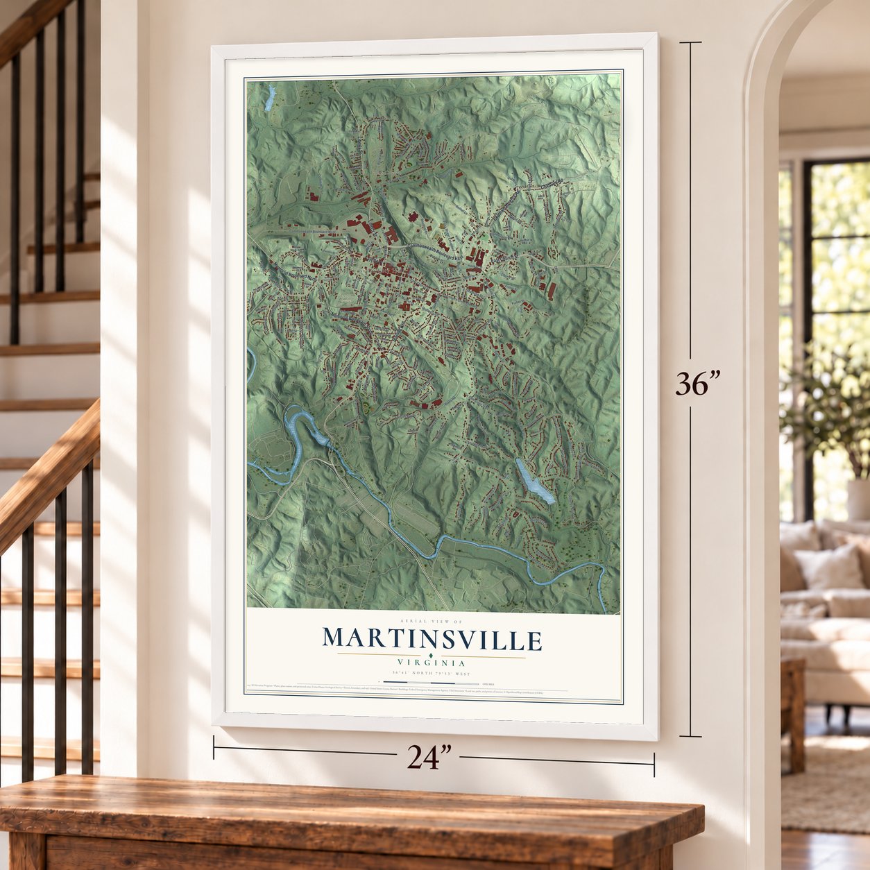 Martinsville, Virginia map, 24 x 36 inch print in a white frame by a staircase