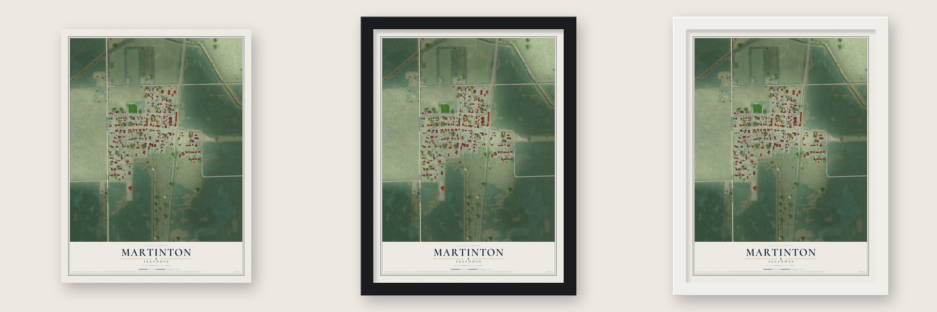 Martinton, Illinois map unframed, in a black wood frame and in a white wood frame