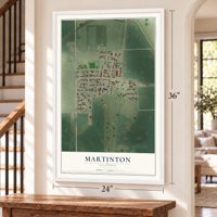 Martinton, Illinois map, 24 x 36 inch print in a white frame by a staircase