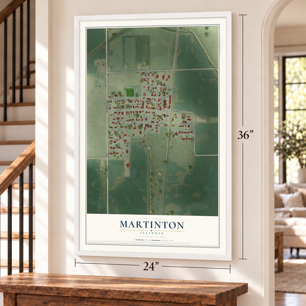Martinton, Illinois map, 24 x 36 inch print in a white frame by a staircase