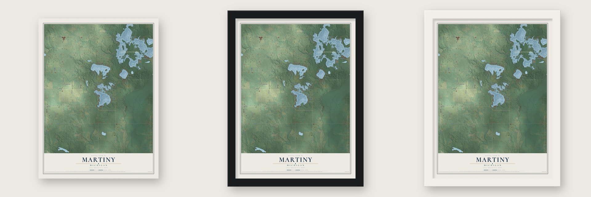 Martiny, Michigan map unframed, in a black wood frame and in a white wood frame