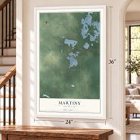 Martiny, Michigan map, 24 x 36 inch print in a white frame by a staircase