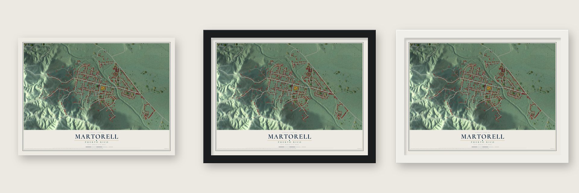 Martorell, Puerto Rico map unframed, in a black wood frame and in a white wood frame