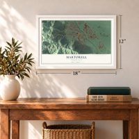 Martorell, Puerto Rico map, 12 x 18 inch print in a white frame in an entryway