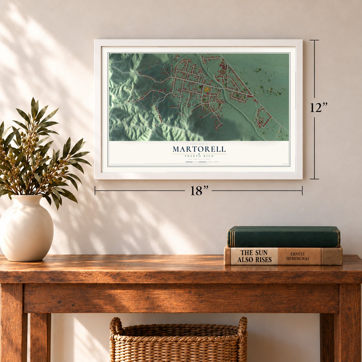 Martorell, Puerto Rico map, 12 x 18 inch print in a white frame in an entryway