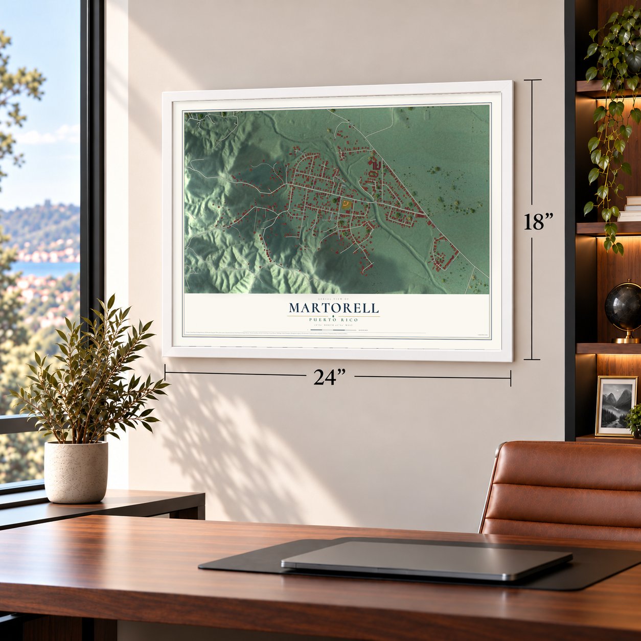 Martorell, Puerto Rico map, 18 x 24 inch print in a white frame in a home office