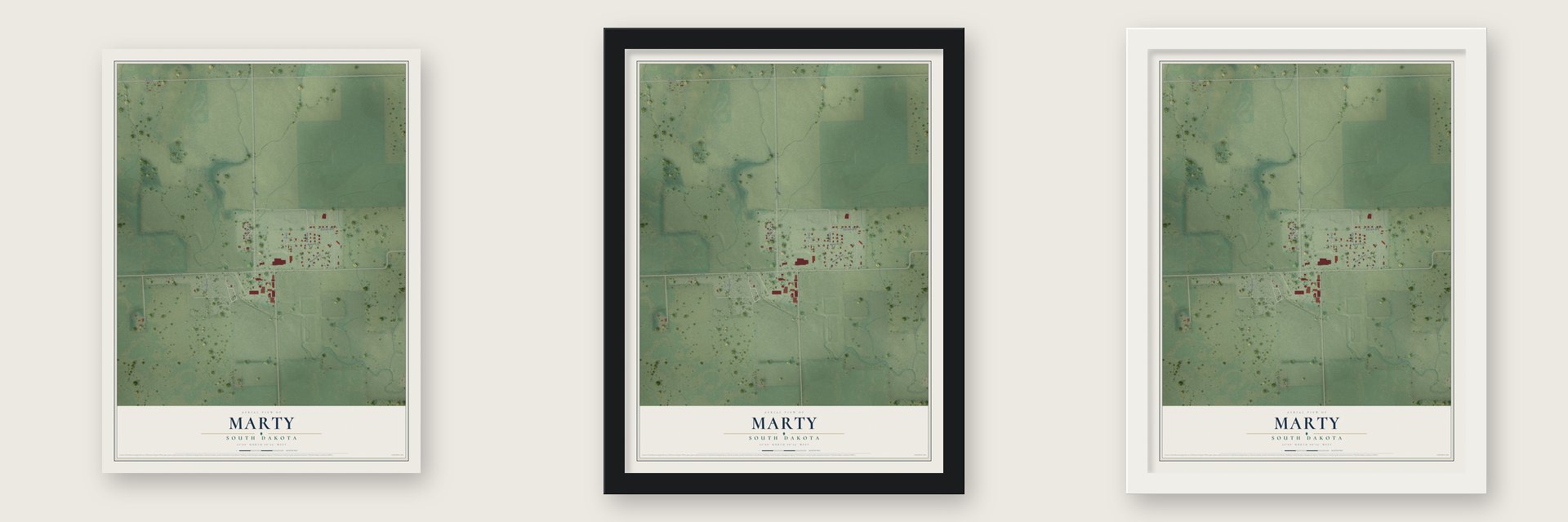 Marty, South Dakota map unframed, in a black wood frame and in a white wood frame