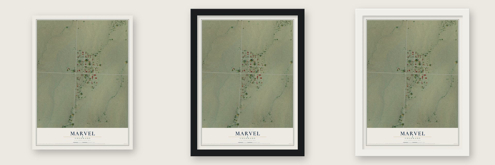 Marvel, Colorado map unframed, in a black wood frame and in a white wood frame