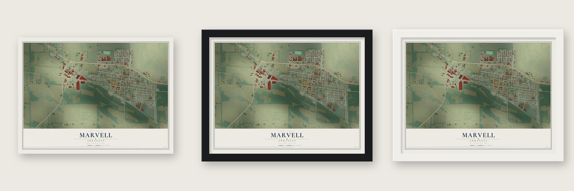 Marvell, Arkansas map unframed, in a black wood frame and in a white wood frame