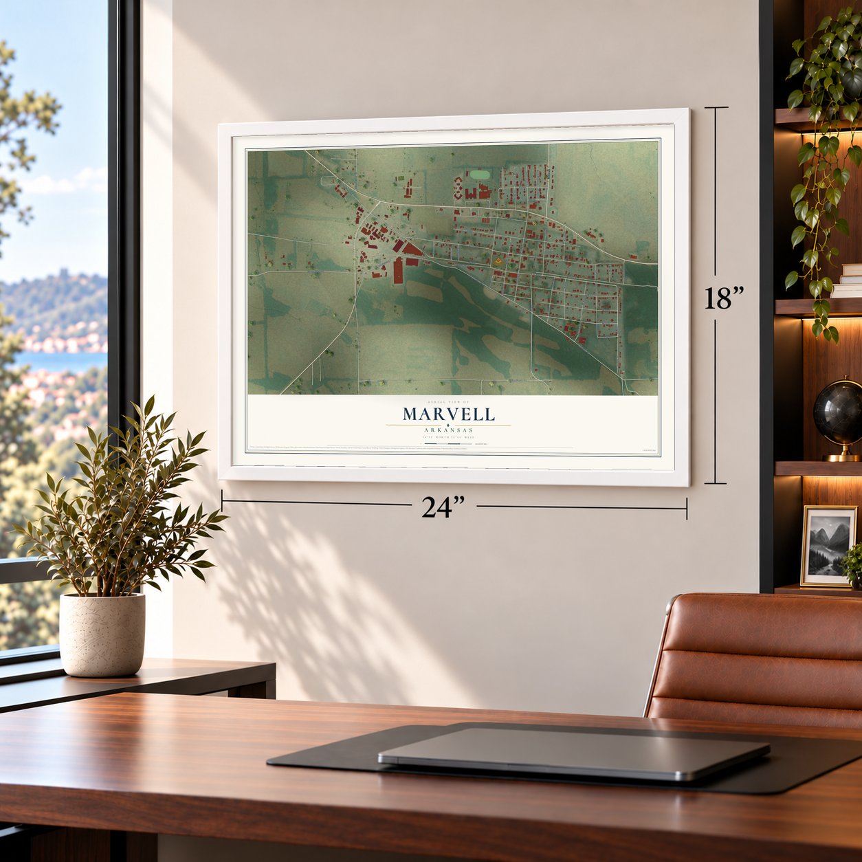 Marvell, Arkansas map, 18 x 24 inch print in a white frame in a home office