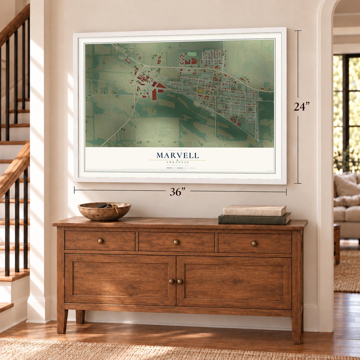Marvell, Arkansas map, 24 x 36 inch print in a white frame above a dresser by a staircase