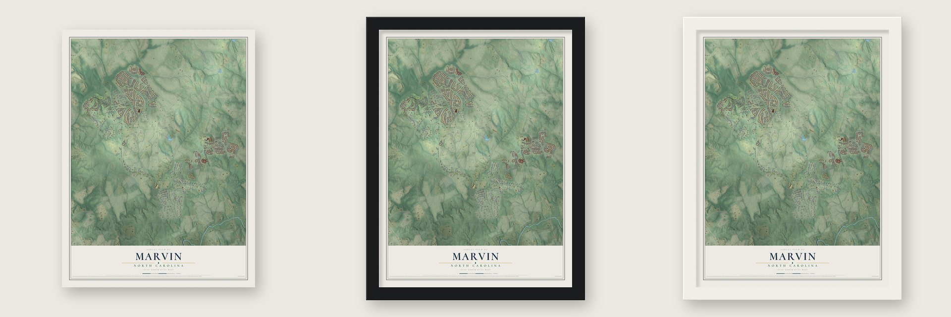 Marvin, North Carolina map unframed, in a black wood frame and in a white wood frame