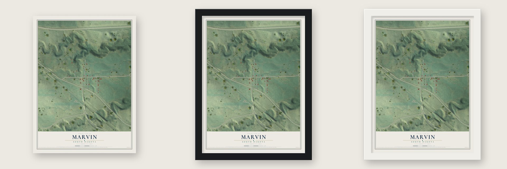 Marvin, South Dakota map unframed, in a black wood frame and in a white wood frame