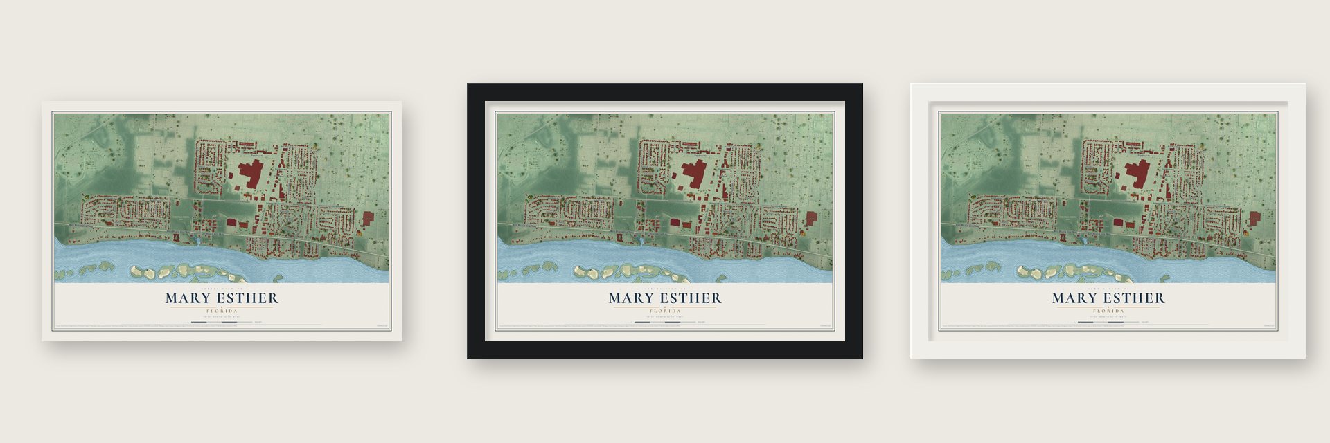 Mary Esther, Florida map unframed, in a black wood frame and in a white wood frame