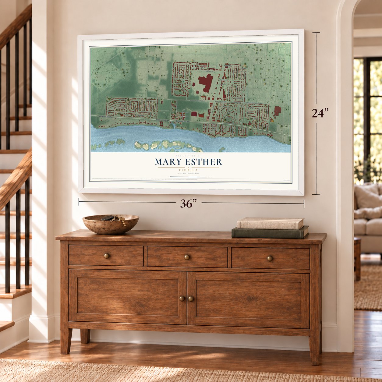 Mary Esther, Florida map, 24 x 36 inch print in a white frame above a dresser by a staircase