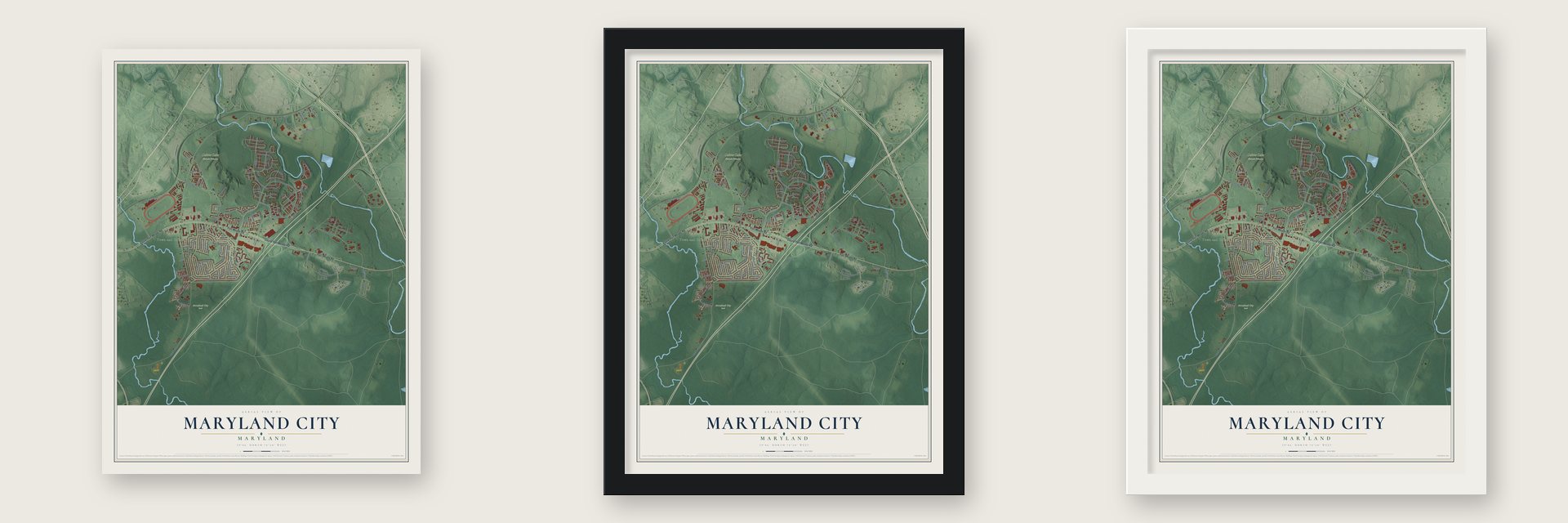 Maryland City, Maryland map unframed, in a black wood frame and in a white wood frame