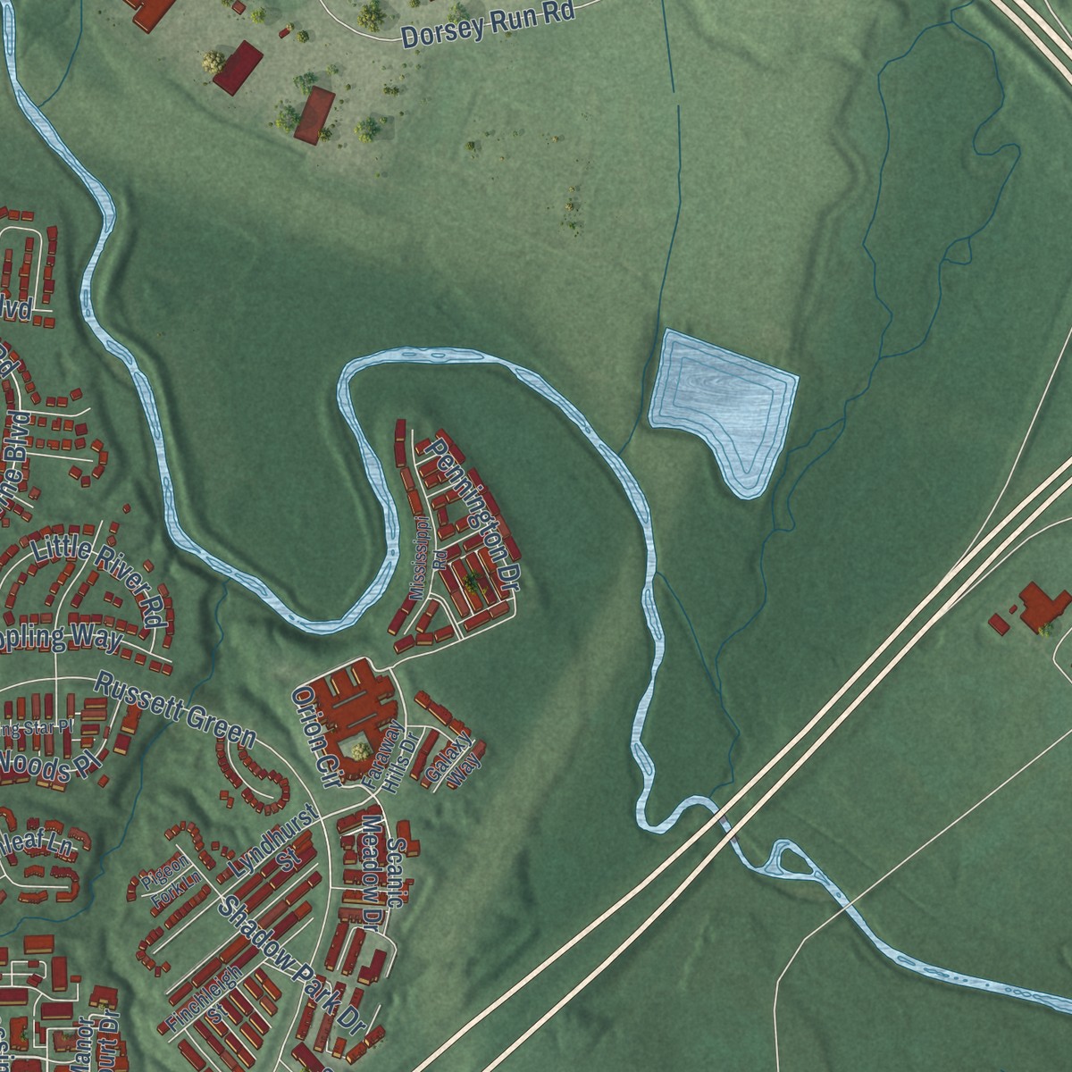 Second close-up of the map of Maryland City, Maryland print showing more streets and buildings