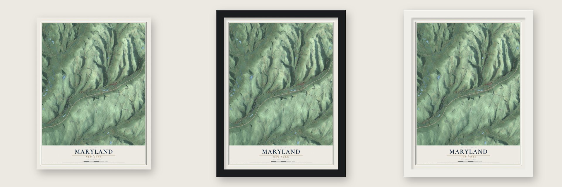 Maryland, New York map unframed, in a black wood frame and in a white wood frame