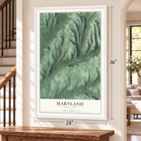 Maryland, New York map, 24 x 36 inch print in a white frame by a staircase