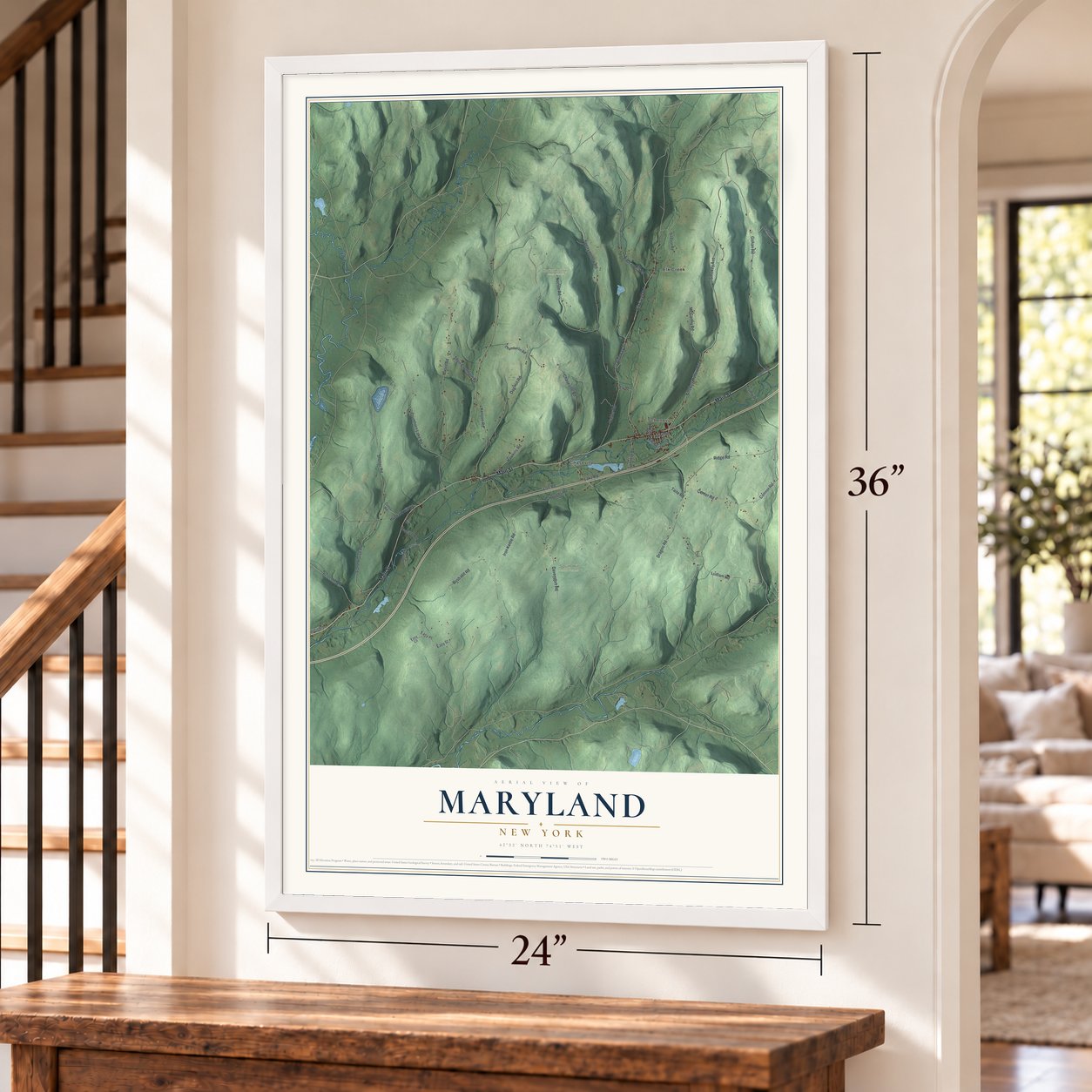 Maryland, New York map, 24 x 36 inch print in a white frame by a staircase