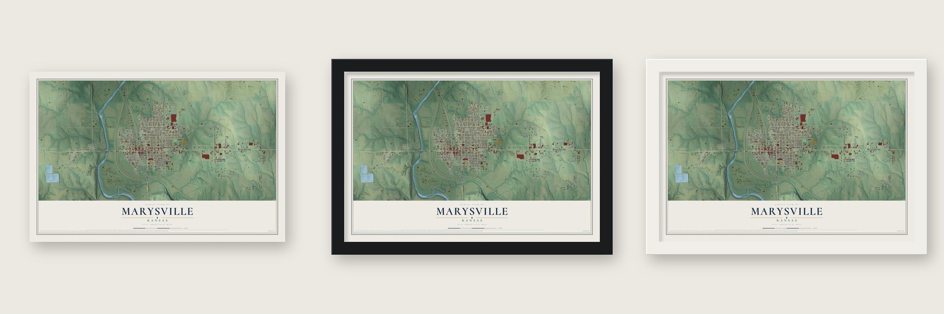 Marysville, Kansas map unframed, in a black wood frame and in a white wood frame