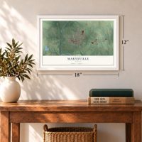 Marysville, Kansas map, 12 x 18 inch print in a white frame in an entryway