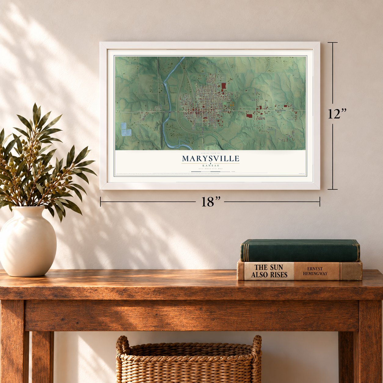 Marysville, Kansas map, 12 x 18 inch print in a white frame in an entryway