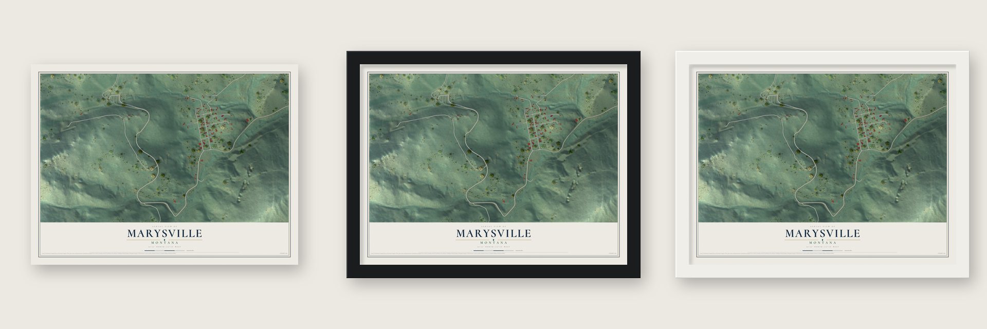 Marysville, Montana map unframed, in a black wood frame and in a white wood frame