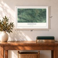 Marysville, Montana map, 12 x 18 inch print in a white frame in an entryway