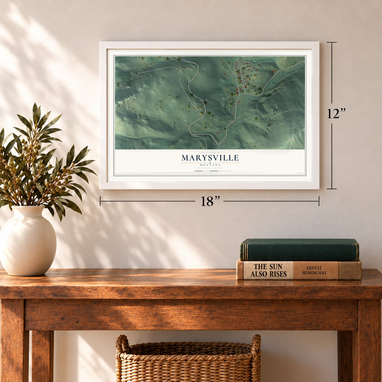 Marysville, Montana map, 12 x 18 inch print in a white frame in an entryway