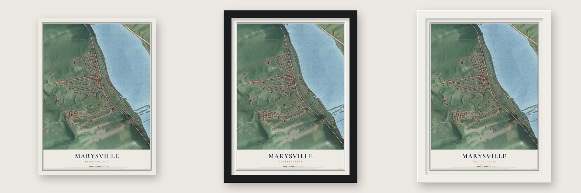 Marysville, Pennsylvania map unframed, in a black wood frame and in a white wood frame