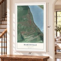 Marysville, Pennsylvania map, 24 x 36 inch print in a white frame by a staircase