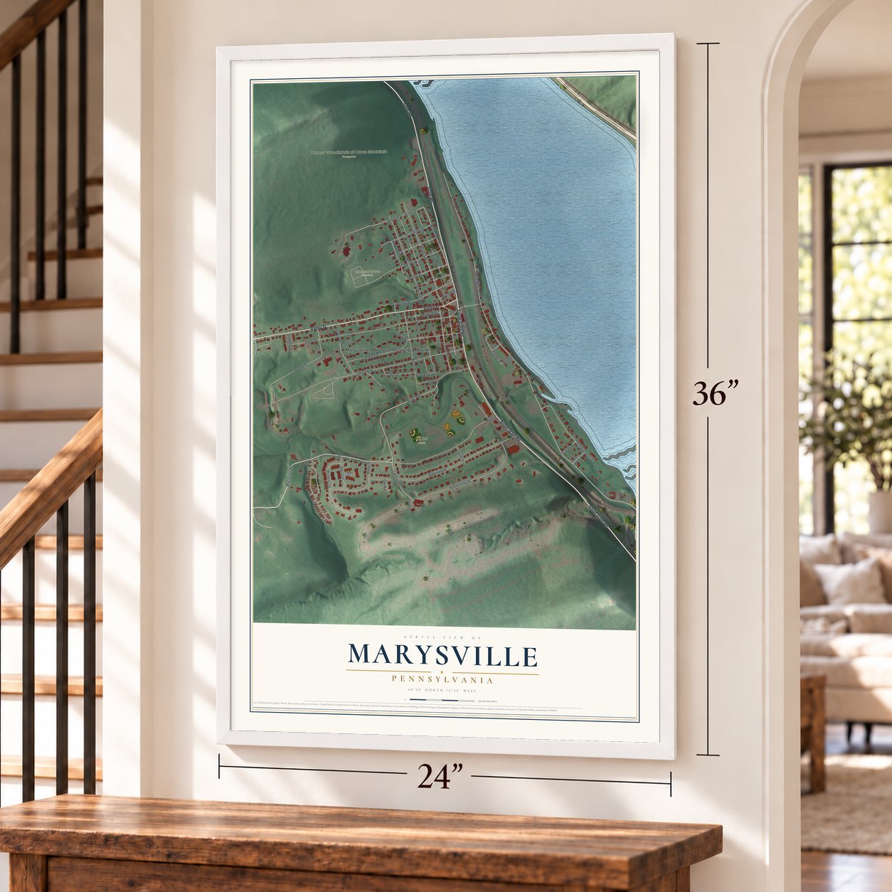 Marysville, Pennsylvania map, 24 x 36 inch print in a white frame by a staircase