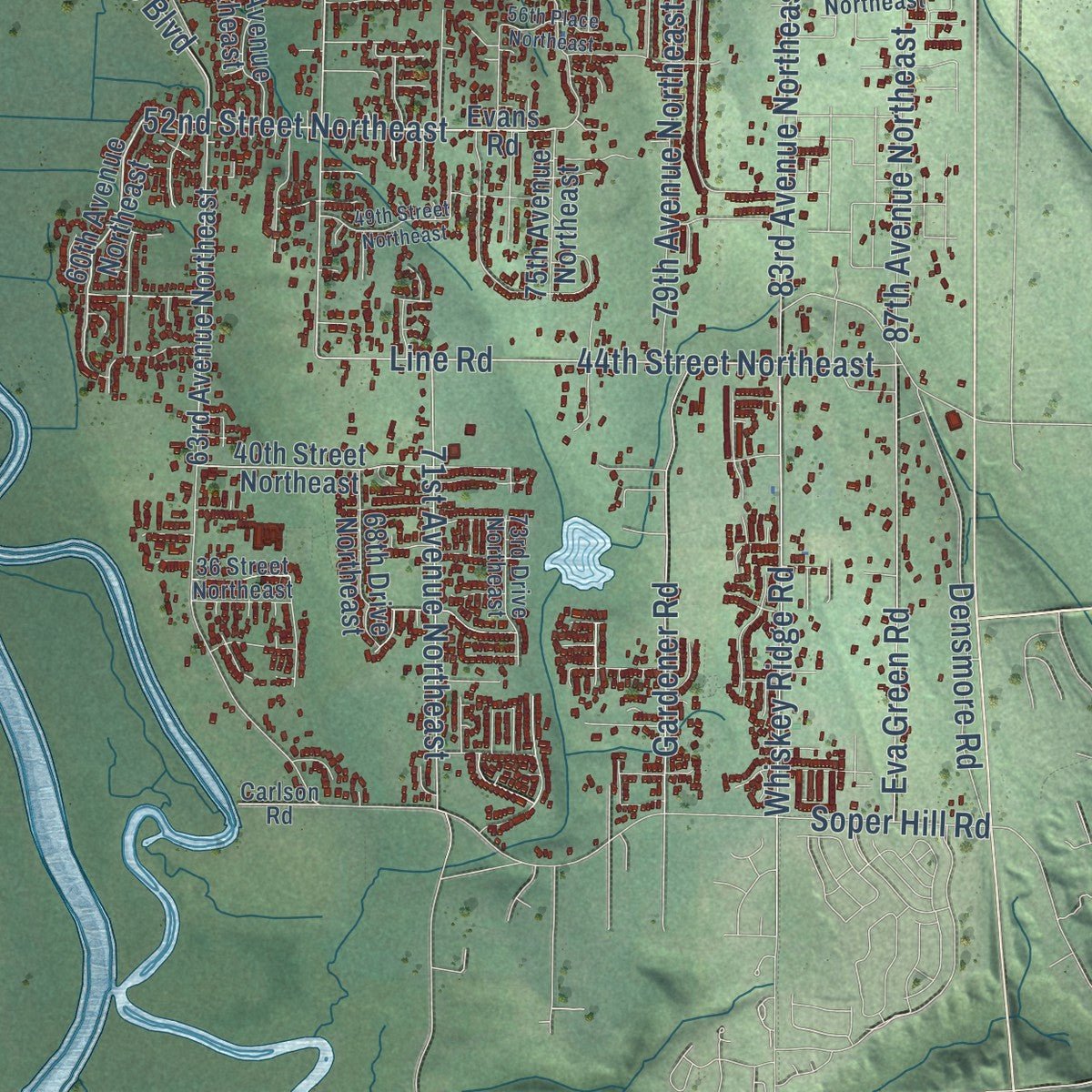 Second close-up of the map of Marysville, Washington print showing more streets and buildings